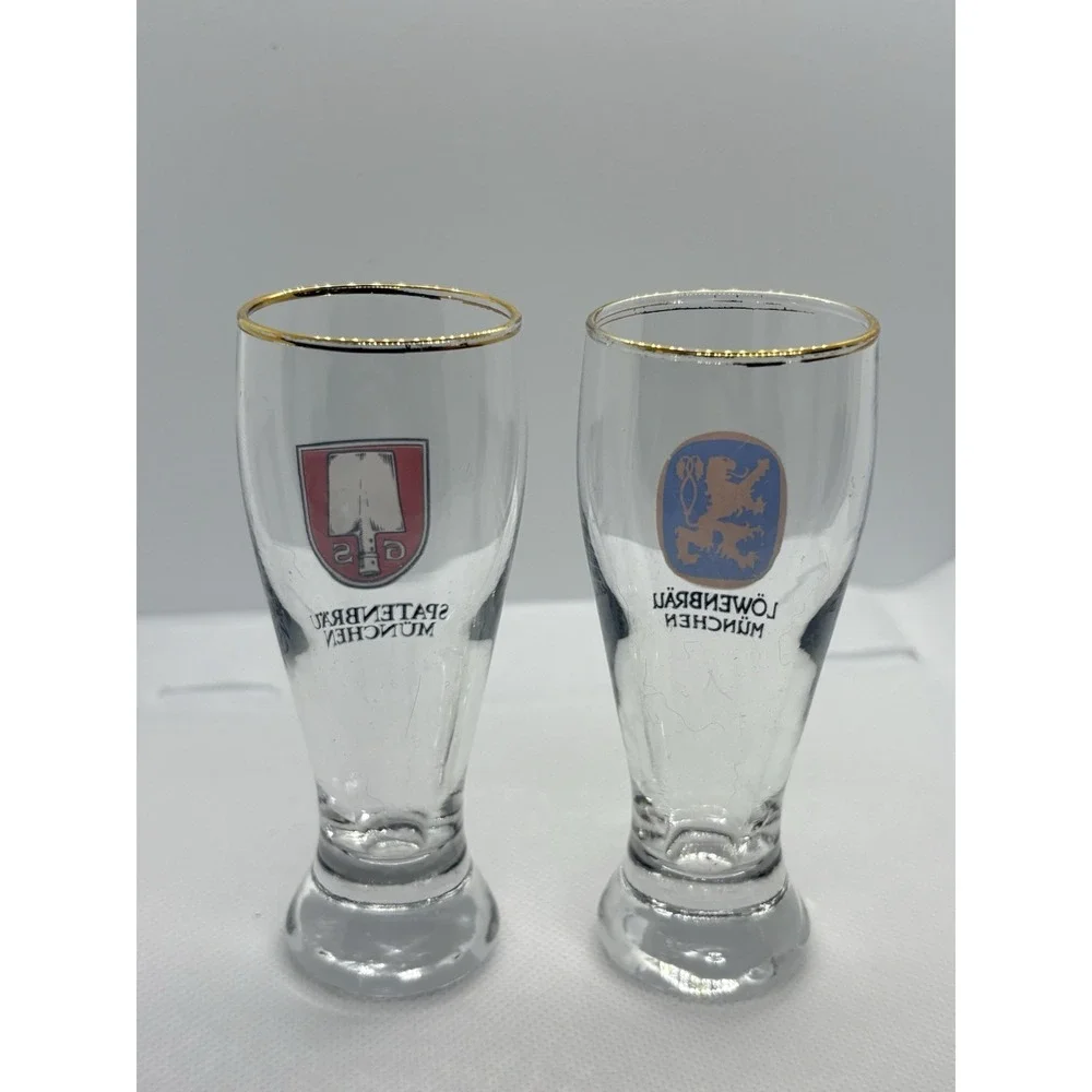 Lot of 2 German Brewery Shot Glasses‎ Spatenbräu & Löwenbräu München Gold Rim